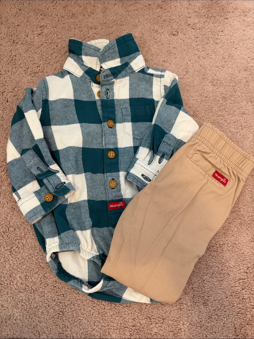 Wrangler Teal & Cream Buffalo Plaid Button-Up Bodysuit with Tan Pants